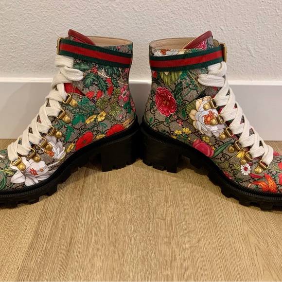Authentic Gucci Supreme GG Monogram Flora Lace Up Combat Ankle Boots |Sz 38| - Picture 10 of 12